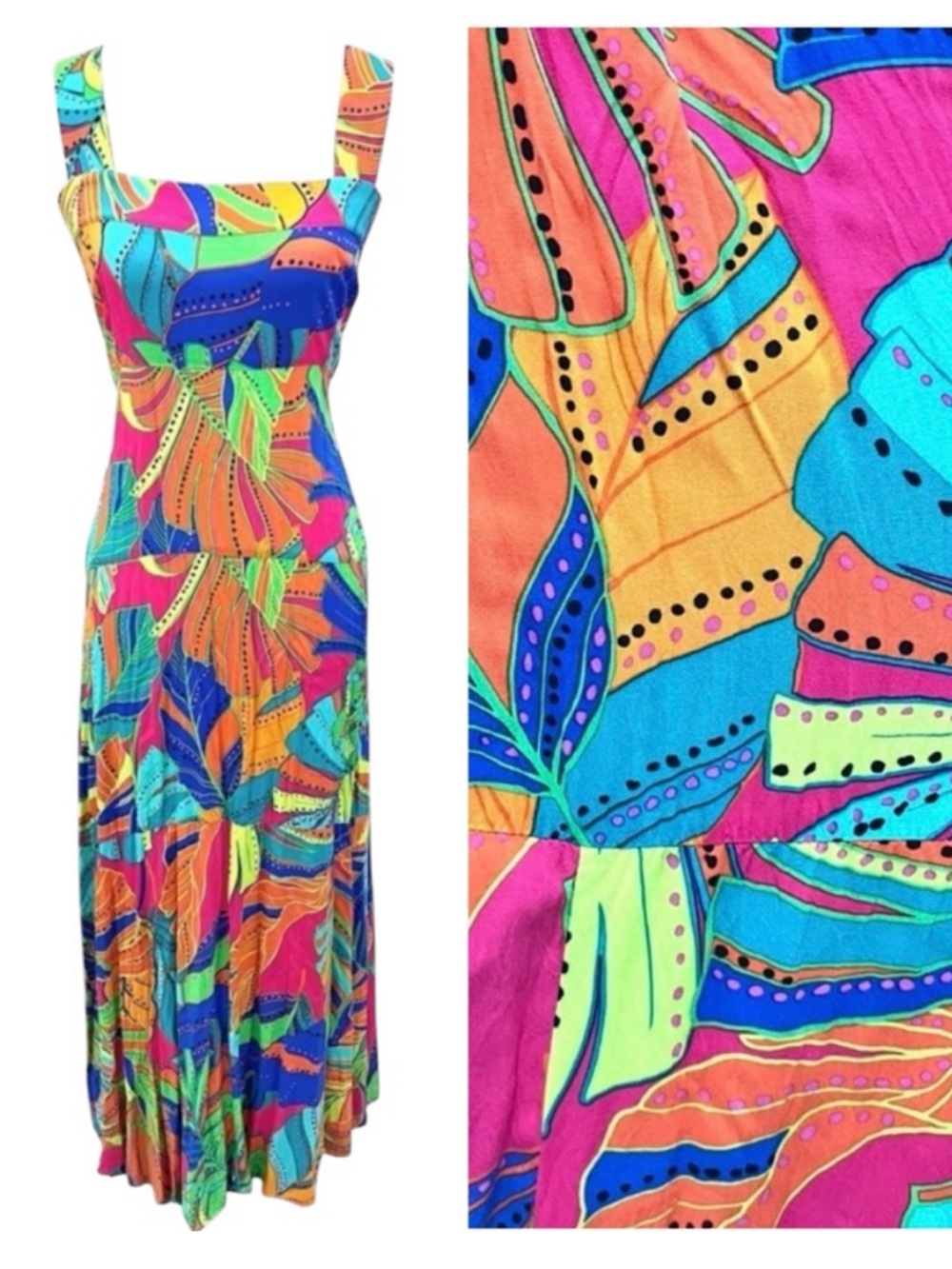 1.State Nordstrom Tropical Neon Floral Leaf Tiered Challis Maxi Midi Dress